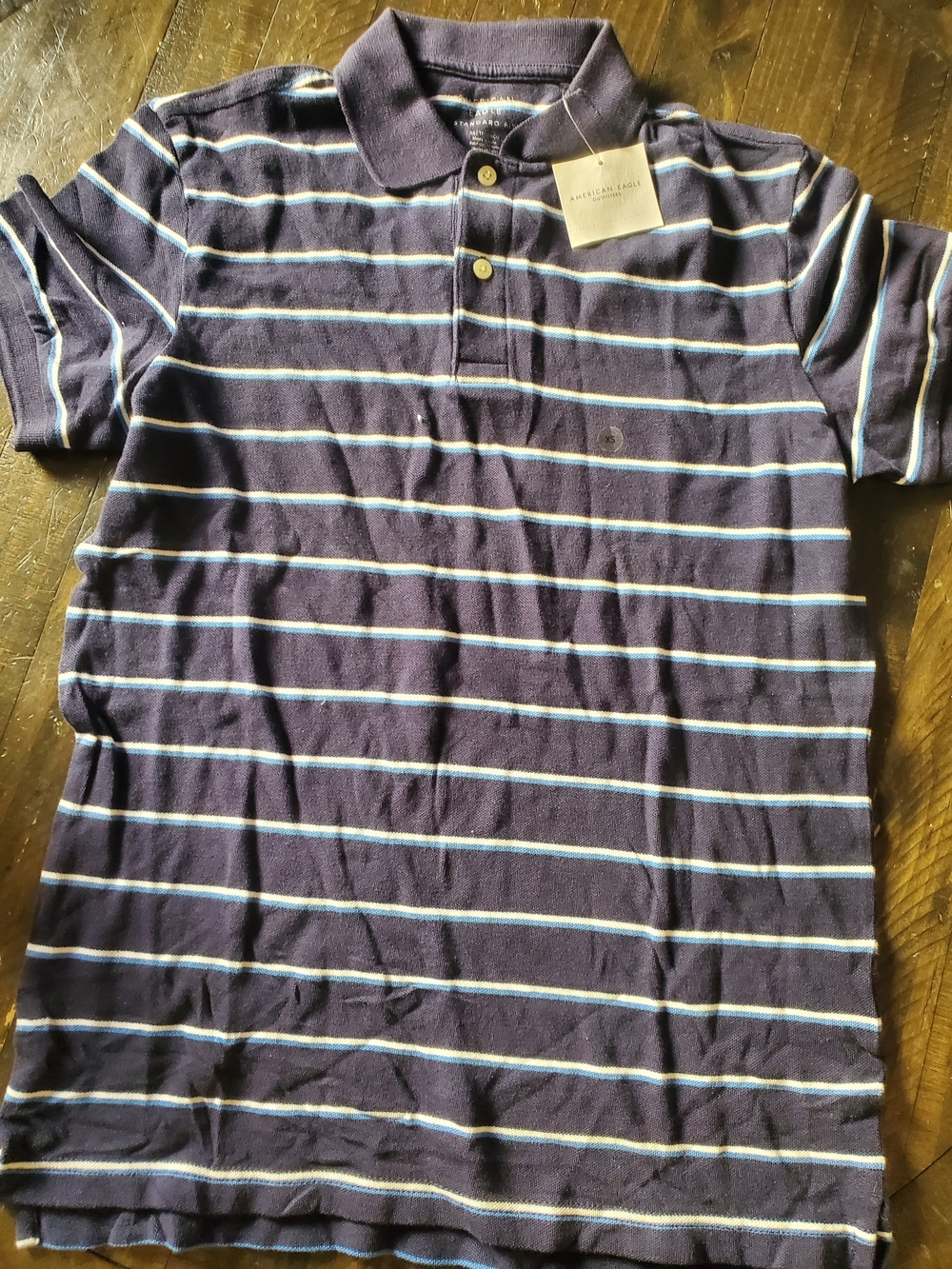 American Eagle Outfitters Navy Polo with Light Blue and White Stripes